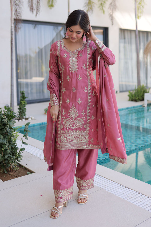Pink Sequin with Floral Embroidered Silk Straight Cut Suits (ACA5359)