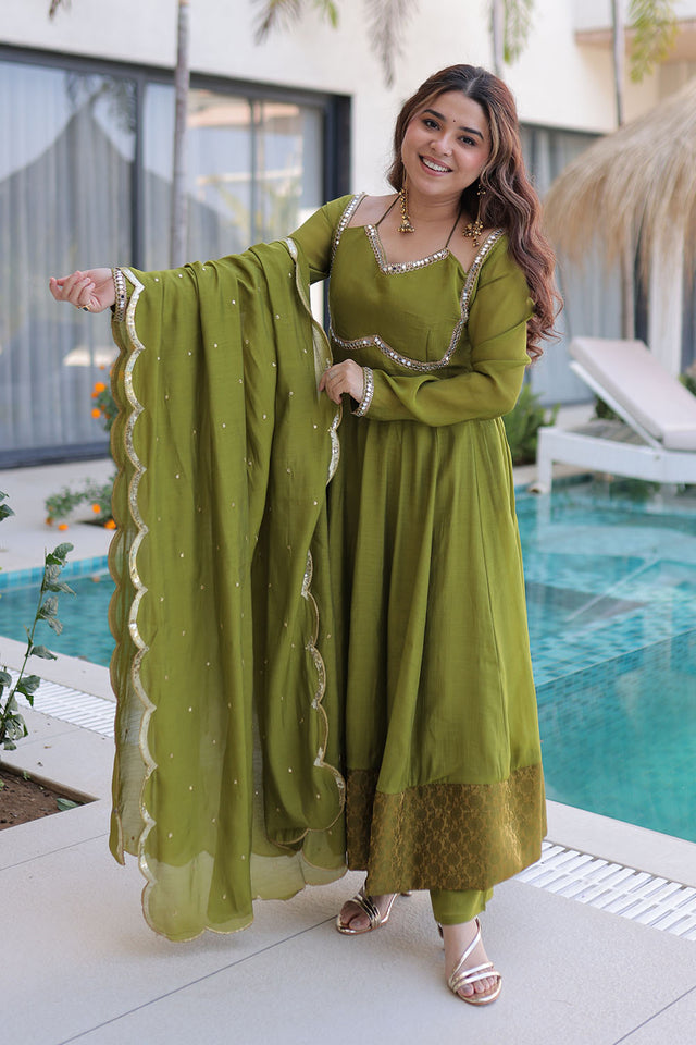 Green Mirror Sequin Chanderi Anarkali Suits (ACA5360)