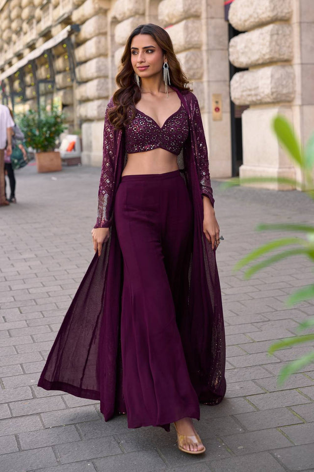 Free Size Stitched Wine Sequin Georgette Co-Ord Set (ACA5379)