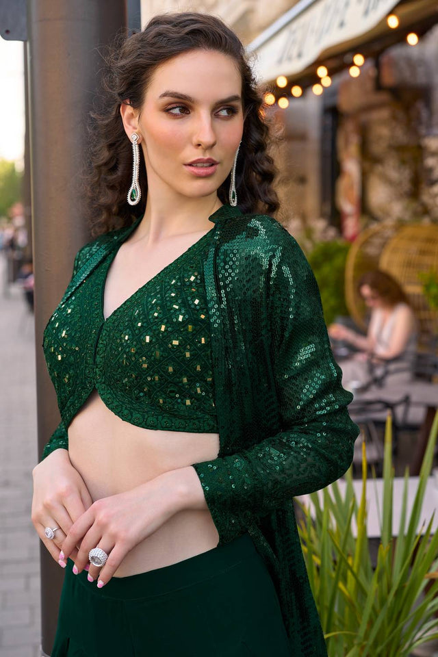 Free Size Stitched Green Sequin Georgette Co-Ord Set (ACA5381)