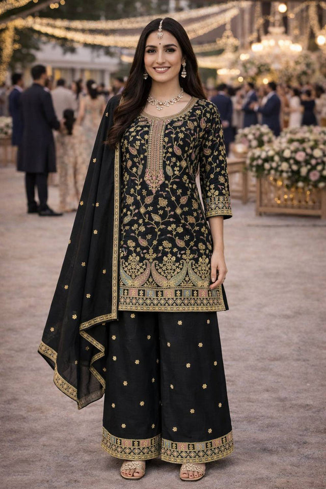 Free Size Stitched Black Floral Embroidered Chinon Palazzo Suits (ACA5383)