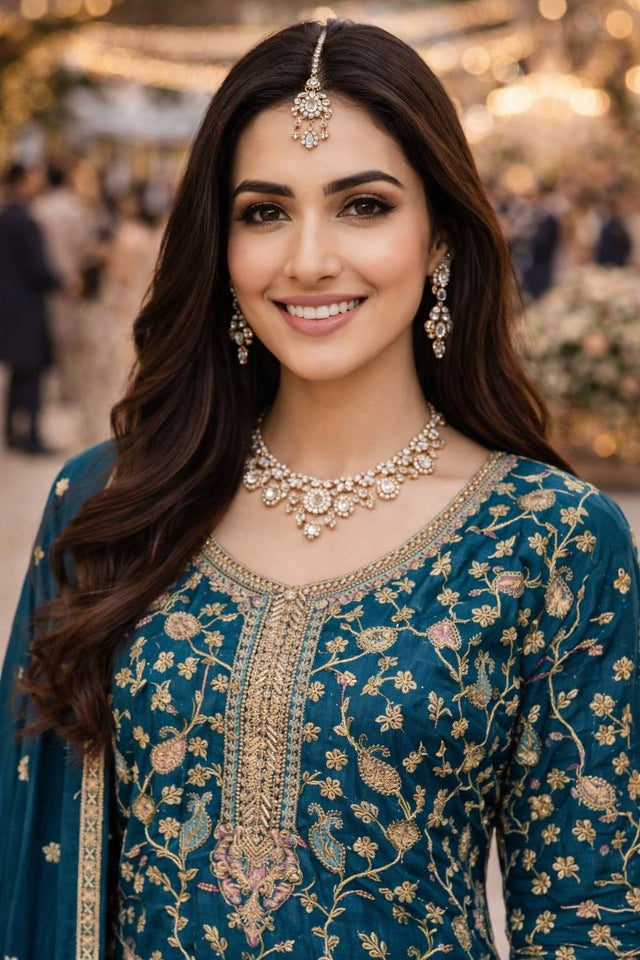 Free Size Stitched Turquoise Floral Embroidered Chinon Palazzo Suits (ACA5386)