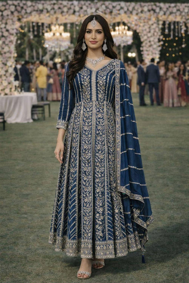 Blue Sequin with Embroidered Chinon Gown (ACA5390)
