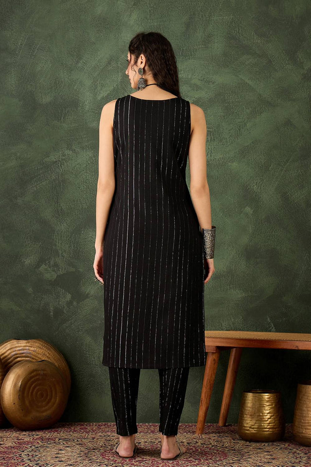 Black Woven Cotton Blend Kurti Pant Set (ACA5455)