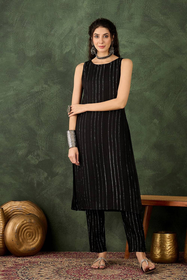 Black Woven Cotton Blend Kurti Pant Set (ACA5455)
