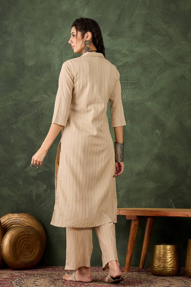 Cream Woven Cotton Blend Kurti Pant Set (ACA5456)