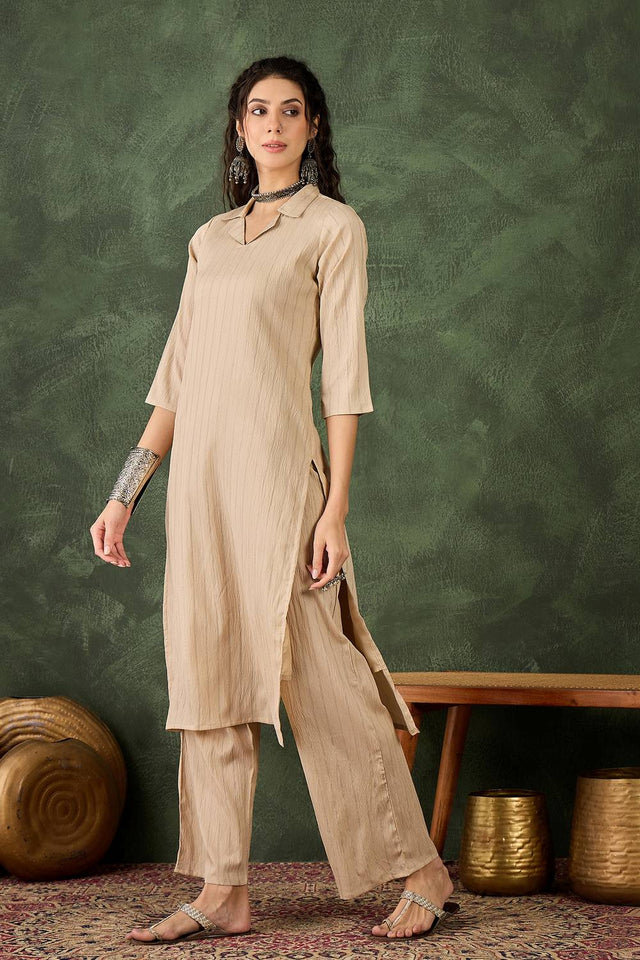 Cream Woven Cotton Blend Kurti Pant Set (ACA5456)
