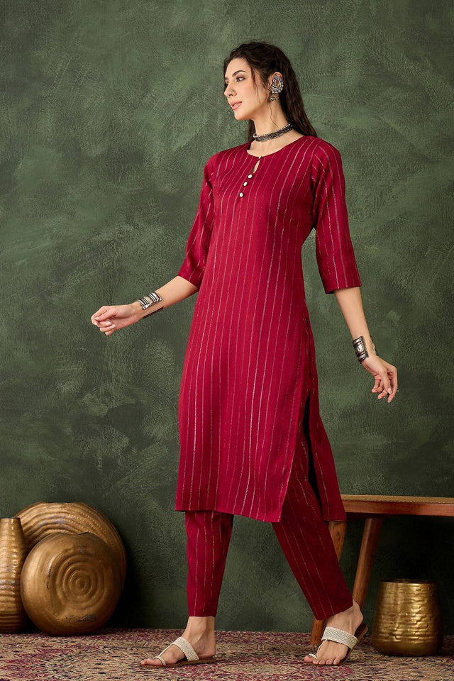 Maroon Woven Cotton Blend Kurti Pant Set (ACA5458)