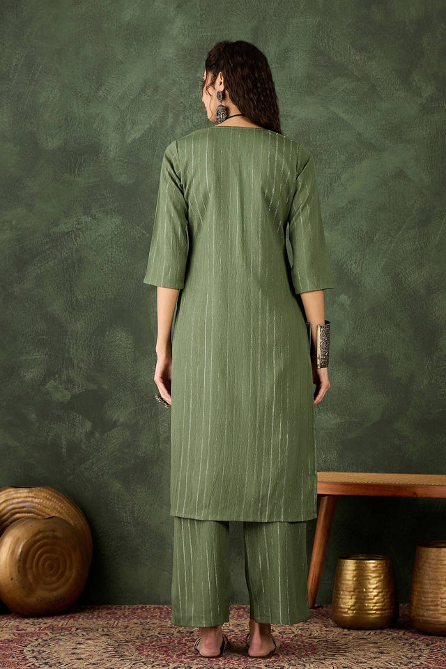 Green Woven Cotton Blend Kurti Pant Set (ACA5459)