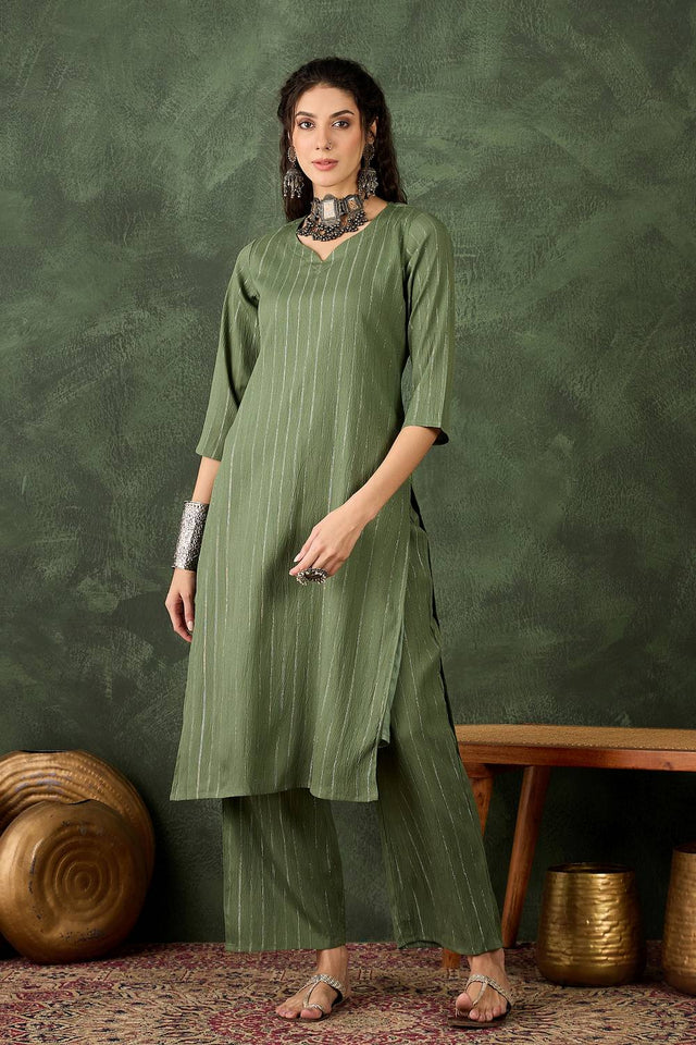 Green Woven Cotton Blend Kurti Pant Set (ACA5459)