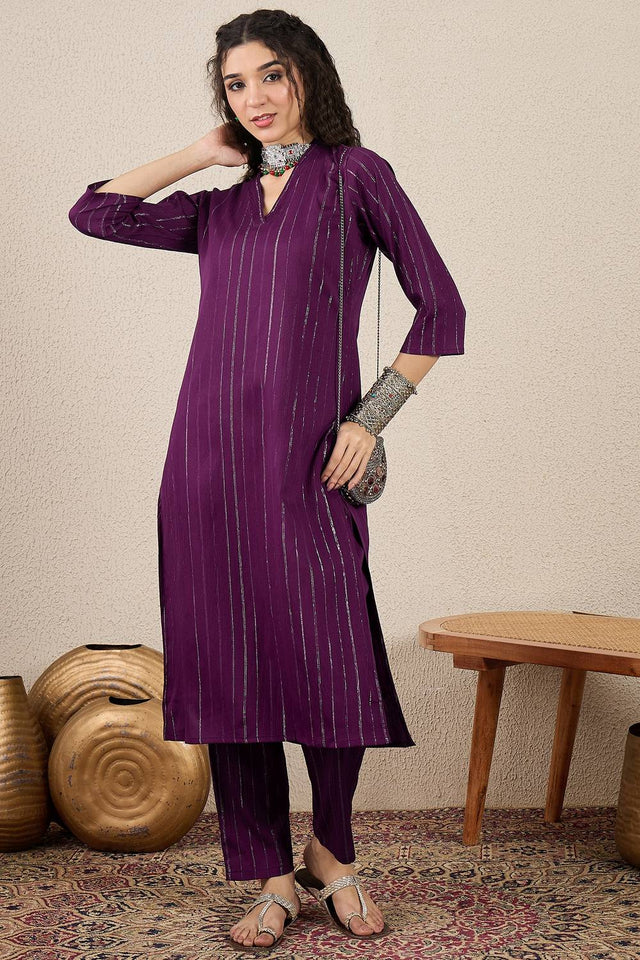 Purple Woven Cotton Blend Kurti Pant Set (ACA5461)