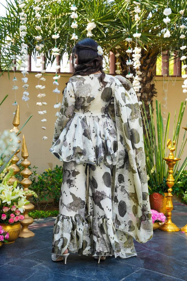 Off White Floral Printed Rayon Sharara Suits (ACA5485)