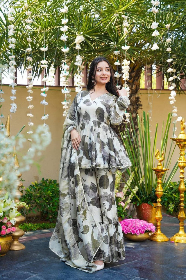 Off White Floral Printed Rayon Sharara Suits (ACA5485)