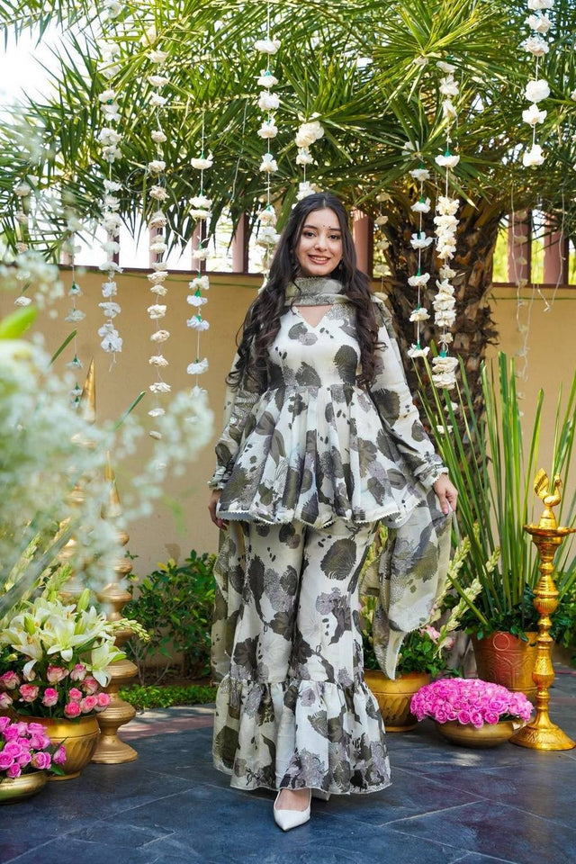 Off White Floral Printed Rayon Sharara Suits (ACA5485)