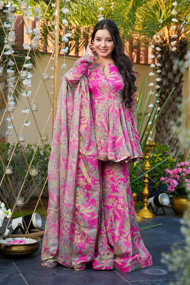 Pink Floral Printed Rayon Sharara Suits (ACA5487)