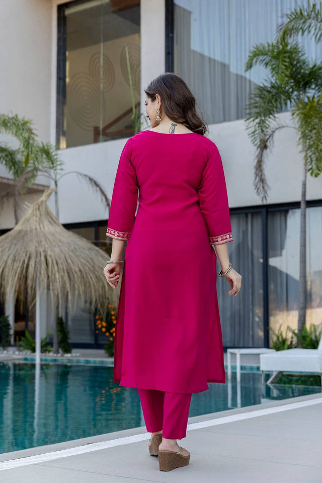 Magenta Sequin with Embroidered Chanderi Kurti Pant Set (ACA5489)