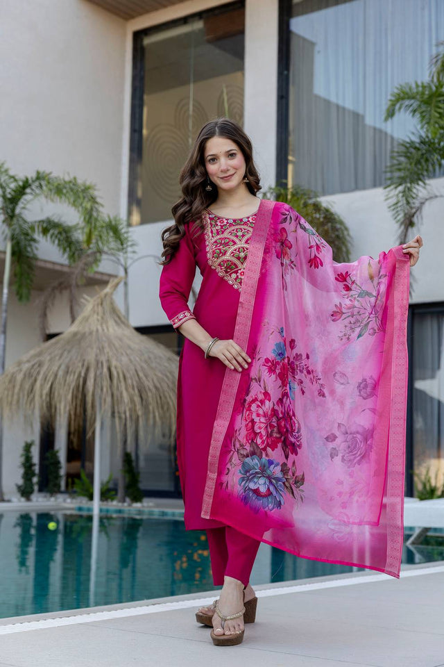 Magenta Sequin with Embroidered Chanderi Kurti Pant Set (ACA5489)