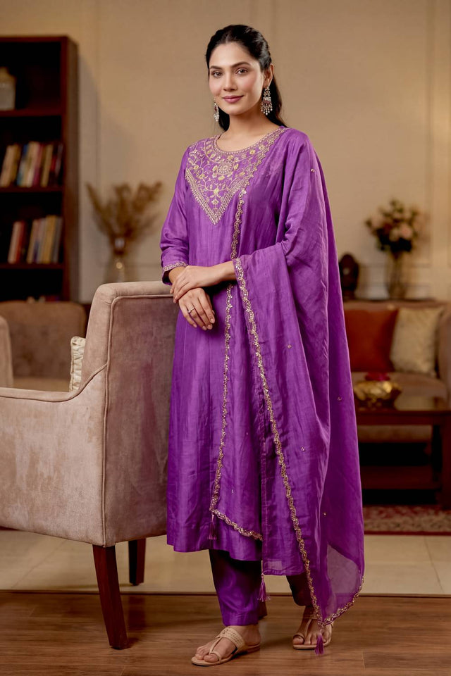 Purple Floral Embroidered Silk Anarkali Suits (ACA5494)