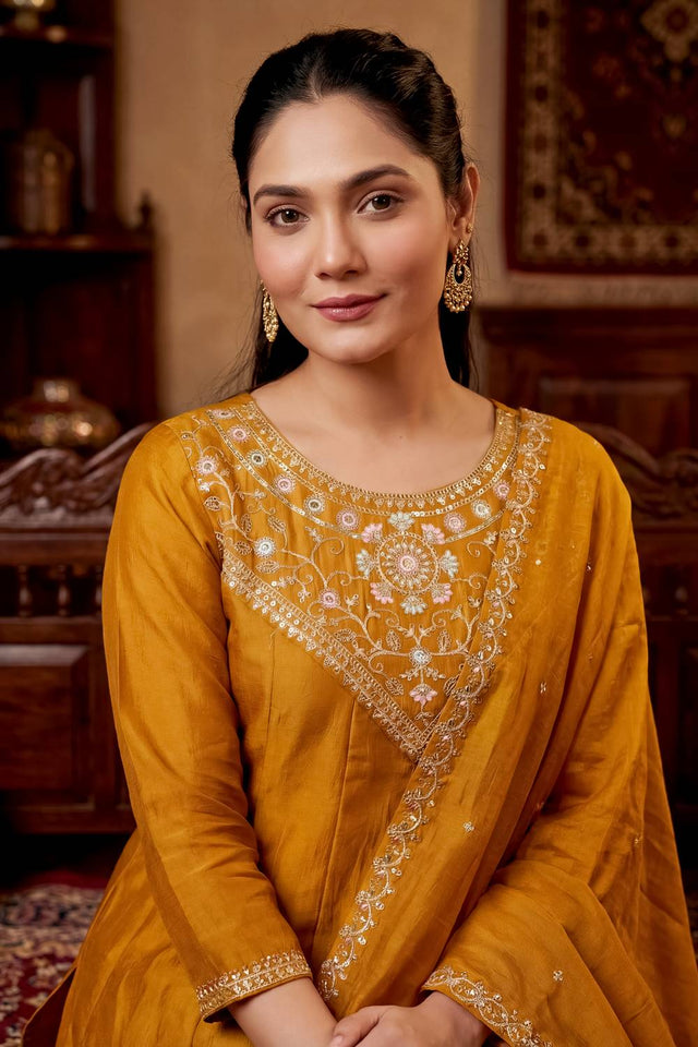 Mustard Floral Embroidered Silk Anarkali Suits (ACA5495)