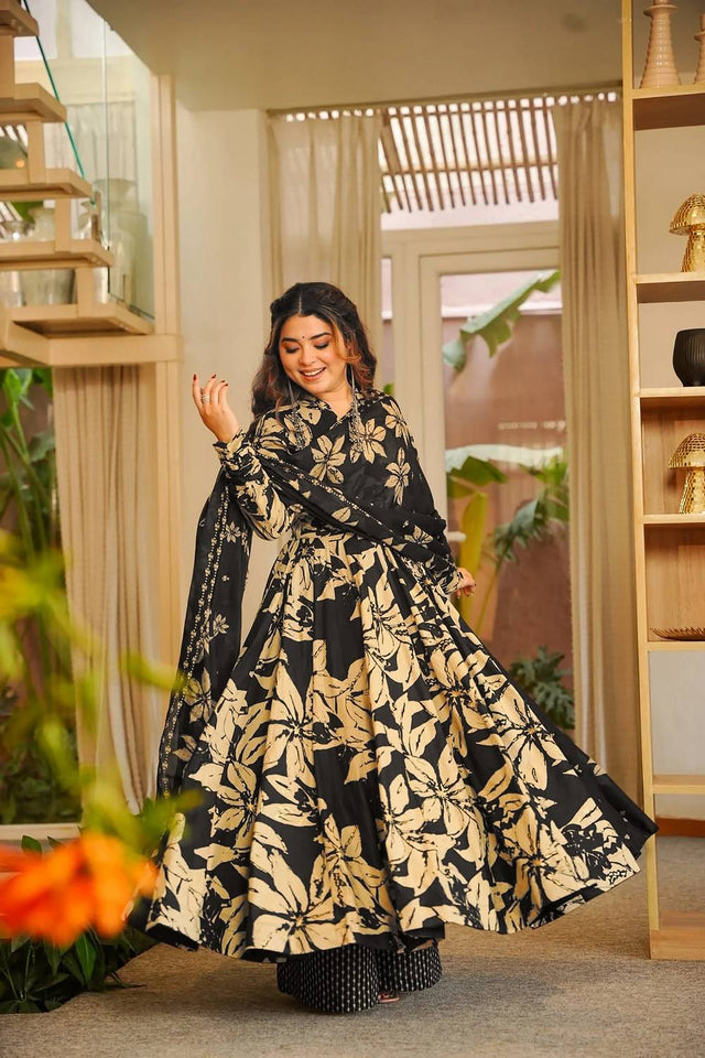 Black Floral Printed Muslin Palazzo Suits (ACA5506)