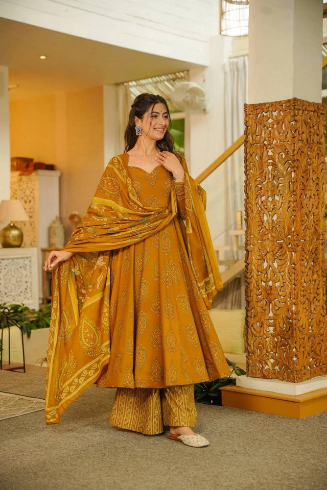 Mustard Printed Muslin Palazzo Suits (ACA5508)
