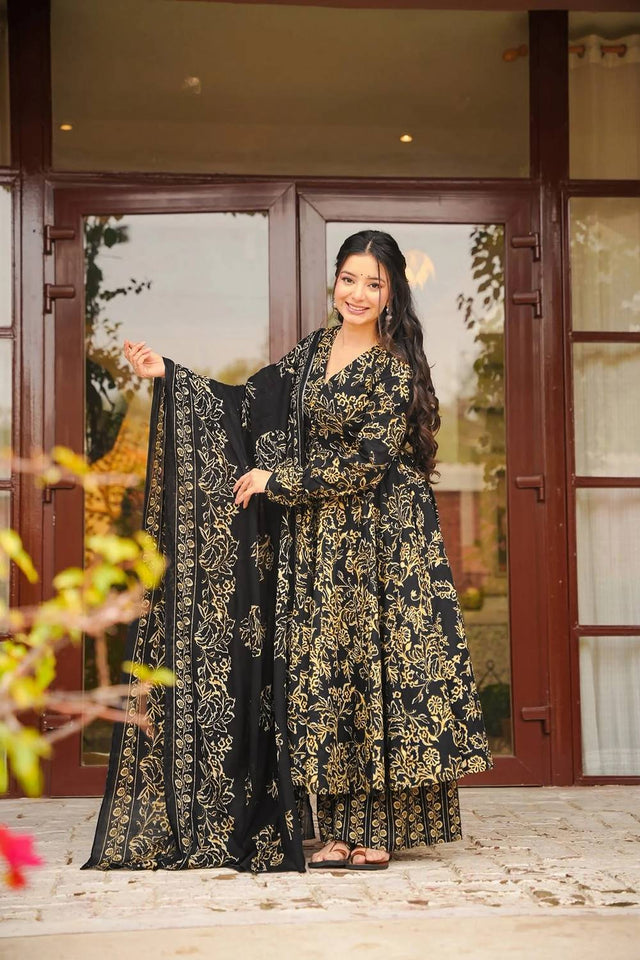 Black Printed Muslin Palazzo Suits (ACA5509)