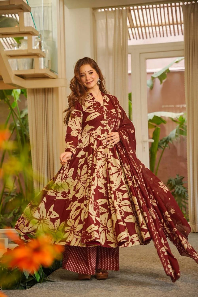 Burgundy Printed Muslin Palazzo Suits (ACA5510)