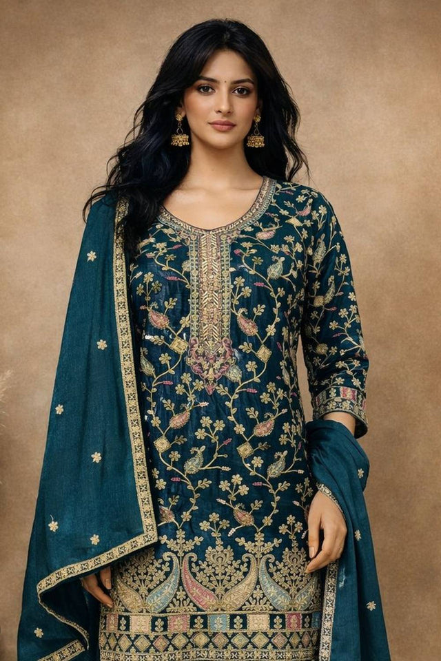 Free Size Stitched Turquoise Floral Embroidered Chinon Palazzo Suits (ACA5555)