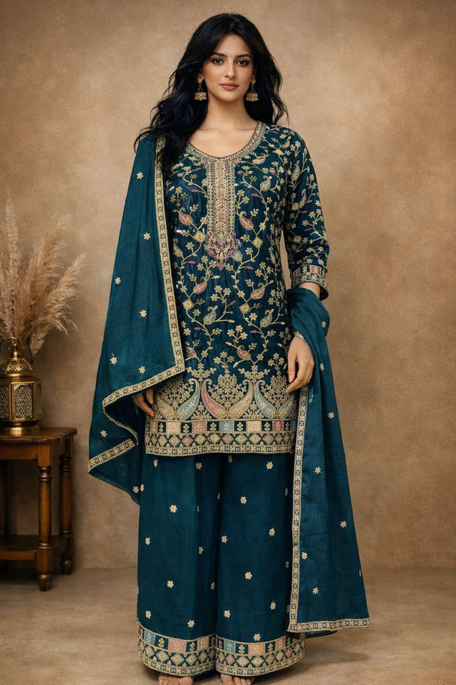Free Size Stitched Turquoise Floral Embroidered Chinon Palazzo Suits (ACA5555)
