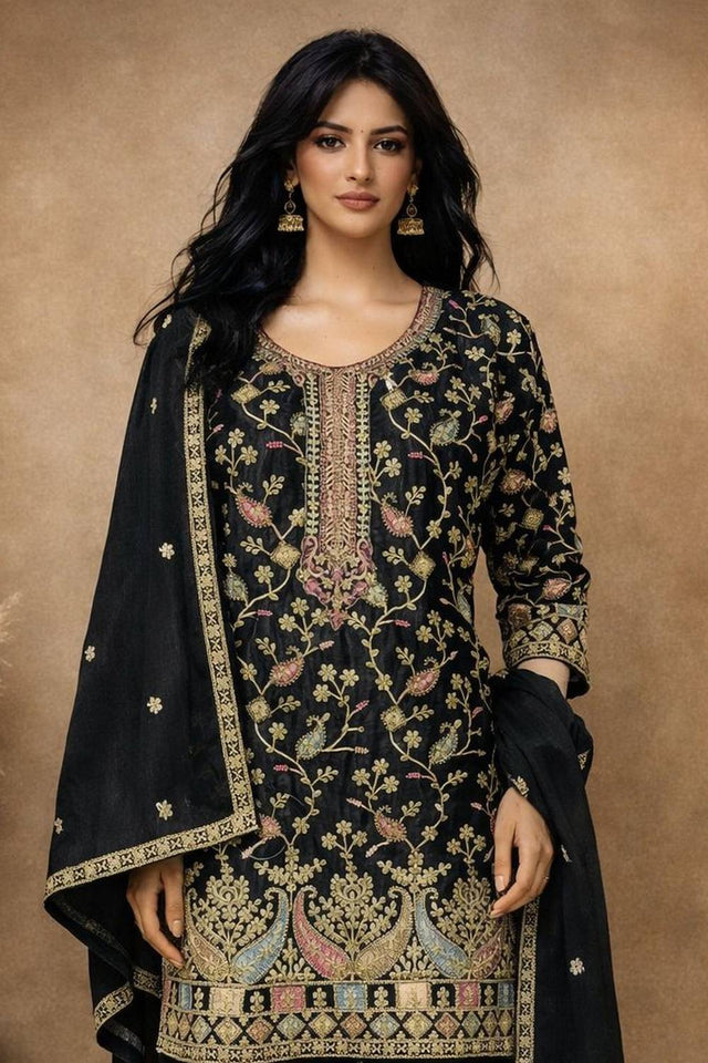 Free Size Stitched Black Floral Embroidered Chinon Palazzo Suits (ACA5557)
