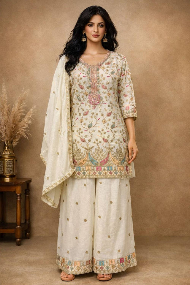 Free Size Stitched White Floral Embroidered Chinon Palazzo Suits (ACA5558)