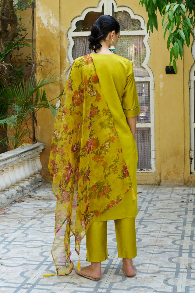 Lemon Floral Embroidered Rayon Kurti Pant Set (ACA5559)