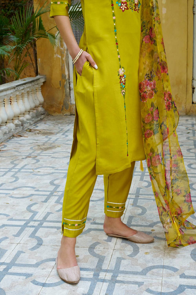 Lemon Floral Embroidered Rayon Kurti Pant Set (ACA5559)