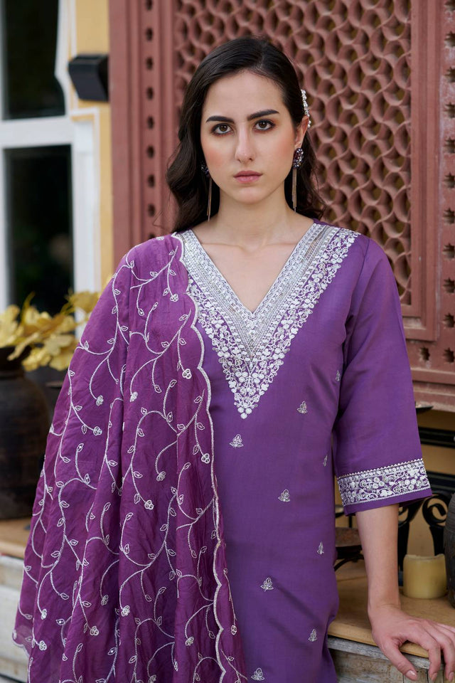 Purple Floral Embroidered Silk Blend Kurti Pant Set (ACA5565)