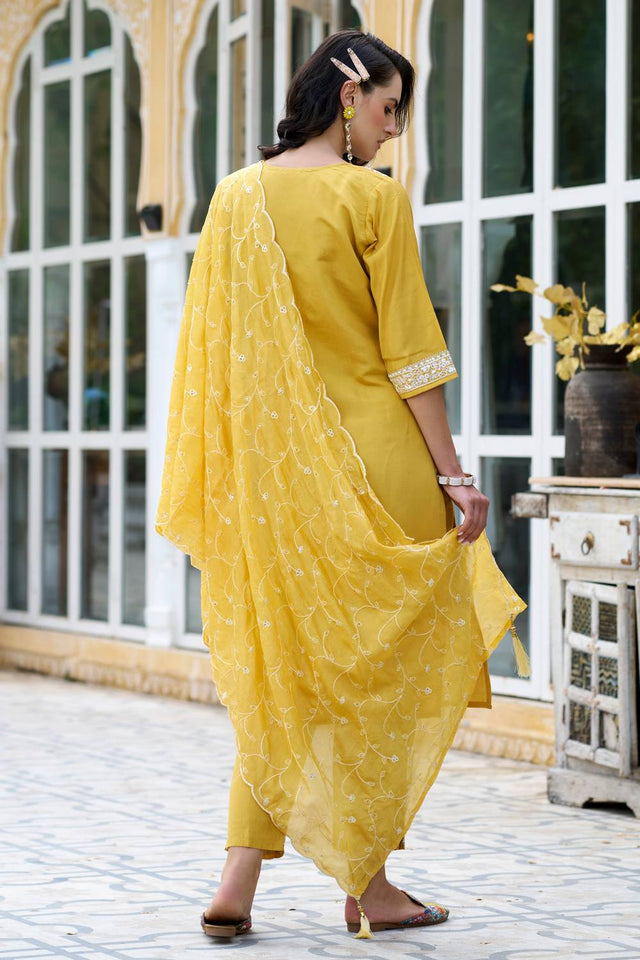 Yellow Floral Embroidered Silk Blend Kurti Pant Set (ACA5566)