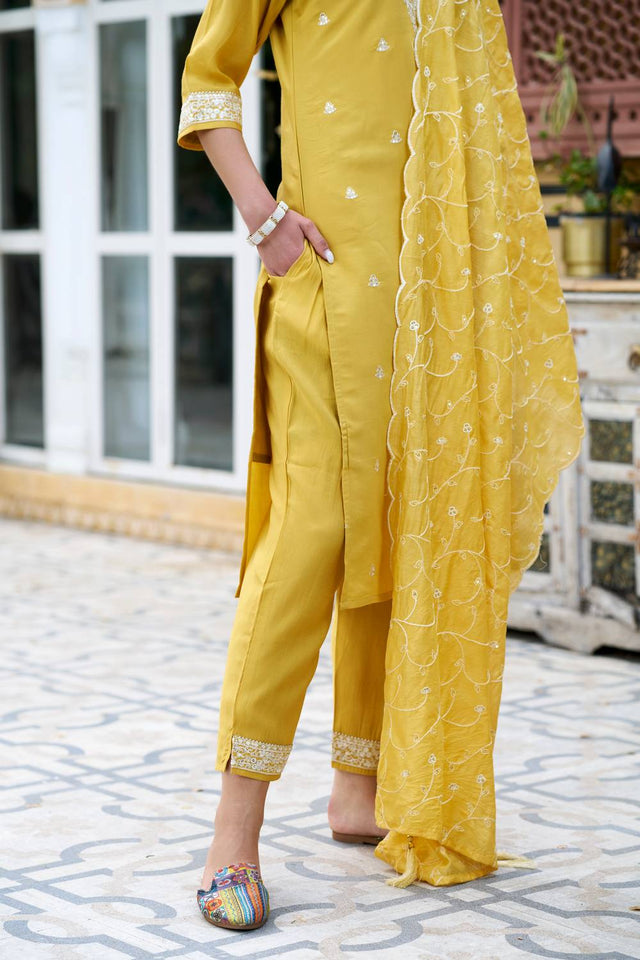 Yellow Floral Embroidered Silk Blend Kurti Pant Set (ACA5566)