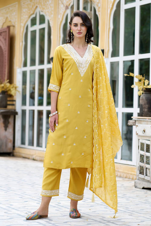Yellow Floral Embroidered Silk Blend Kurti Pant Set (ACA5566)