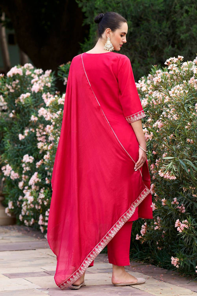 Pink Floral Embroidered Silk Blend Kurti Pant Set (ACA5567)