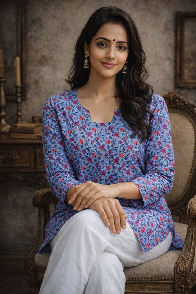 Blue Floral Printed Muslin Short Kurtis (ACA5575)