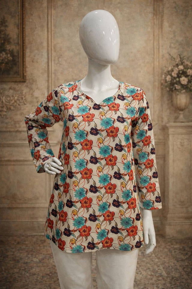 Off White Floral Printed Muslin Short Kurtis (ACA5576)