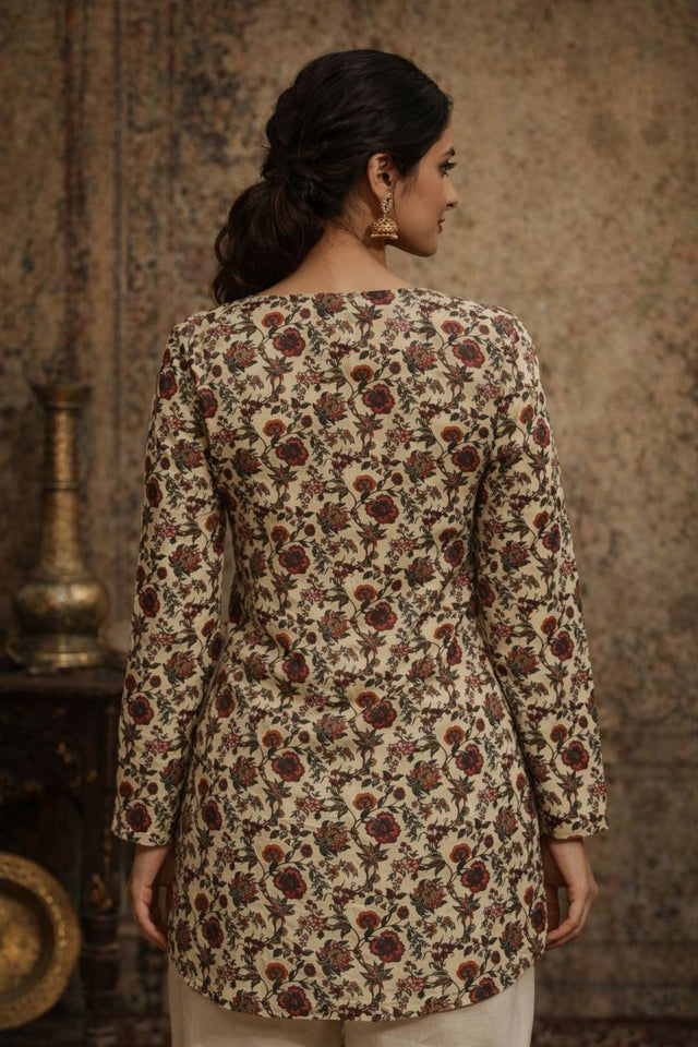 Cream Floral Printed Muslin Short Kurtis (ACA5577)