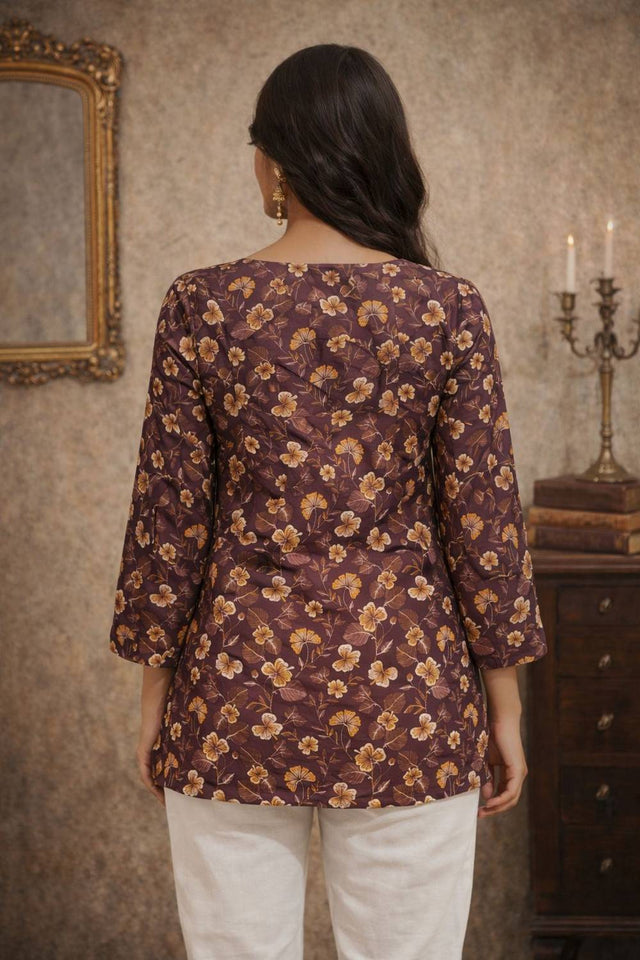 Wine Floral Printed Muslin Short Kurtis (ACA5578)