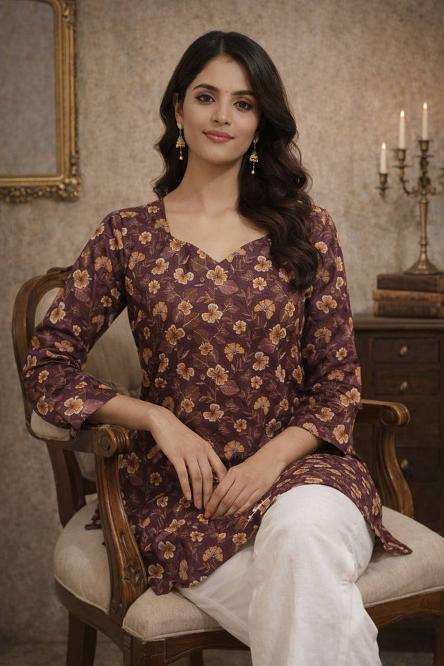 Wine Floral Printed Muslin Short Kurtis (ACA5578)