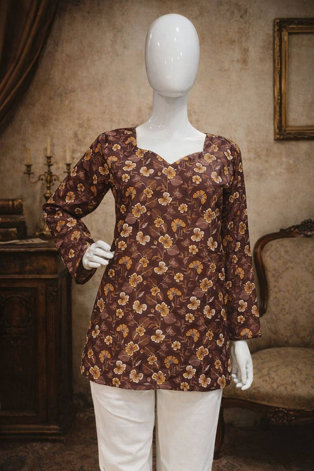 Wine Floral Printed Muslin Short Kurtis (ACA5578)