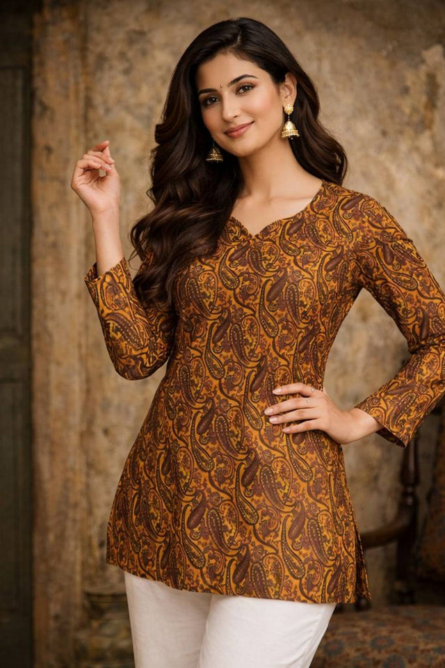 Orange Printed Muslin Short Kurtis (ACA5580)