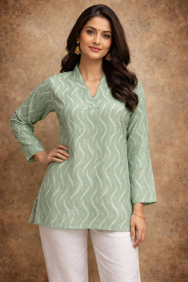 Green Printed Muslin Short Kurtis (ACA5581)