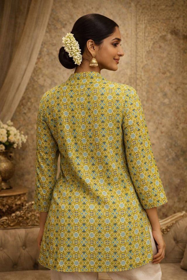 Green Printed Muslin Short Kurtis (ACA5582)