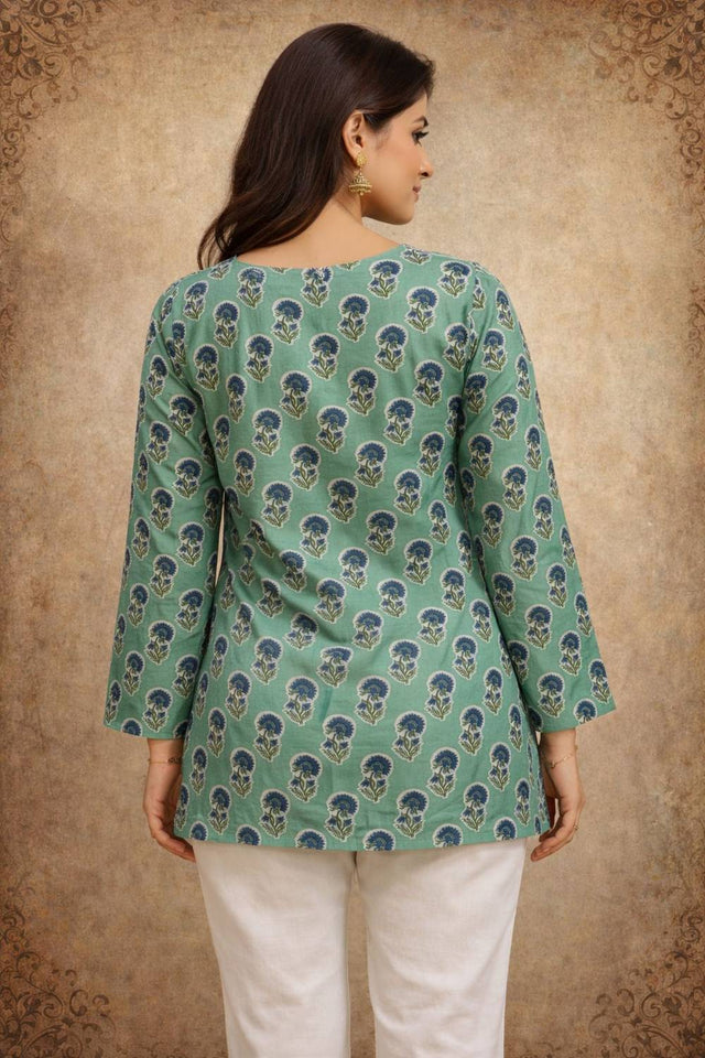 Green Printed Muslin Short Kurtis (ACA5583)
