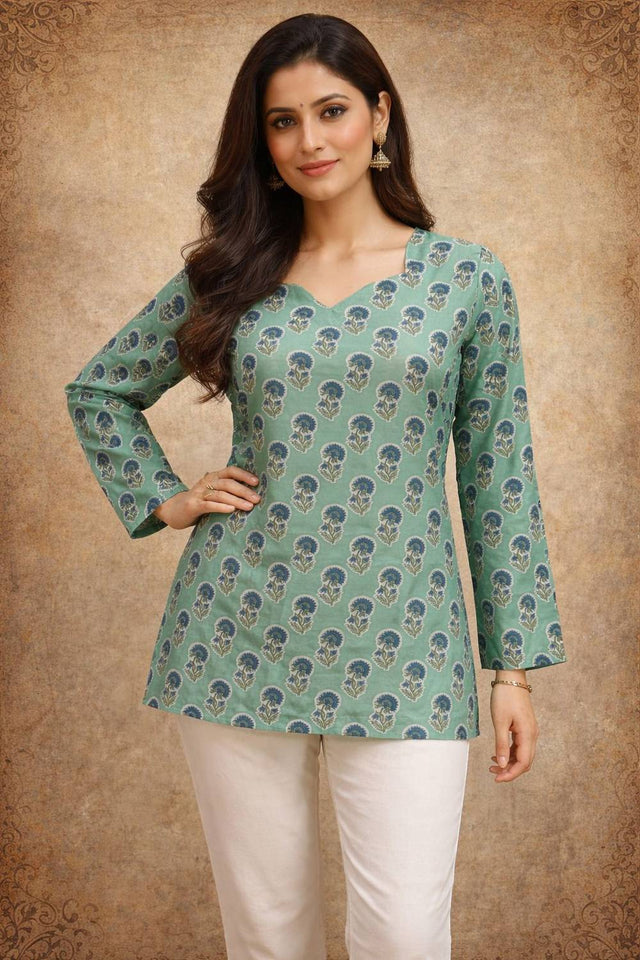 Green Printed Muslin Short Kurtis (ACA5583)