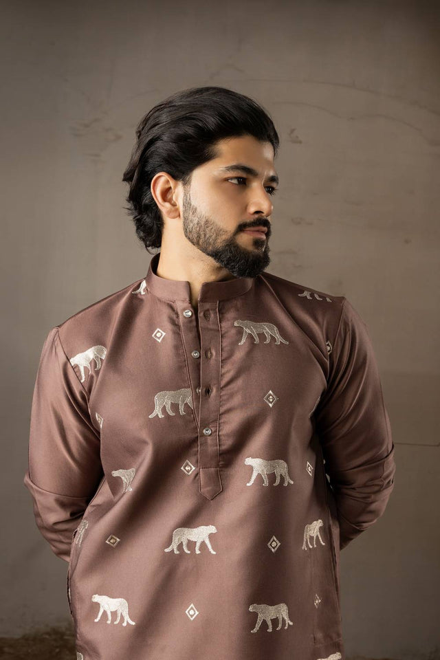 Mens Brown Embroidered Rayon Kurta Set (ACA5585)